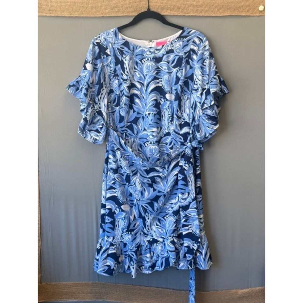 Lilly Pulitzer Cascade Ruffle Sleeve Dress 14 Navy Blue Tropical Botanical Print - Picture 1 of 12